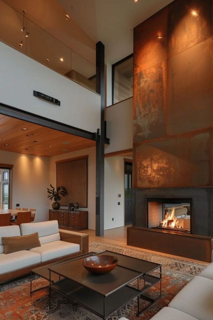 Glassfront modern fireplace living room.