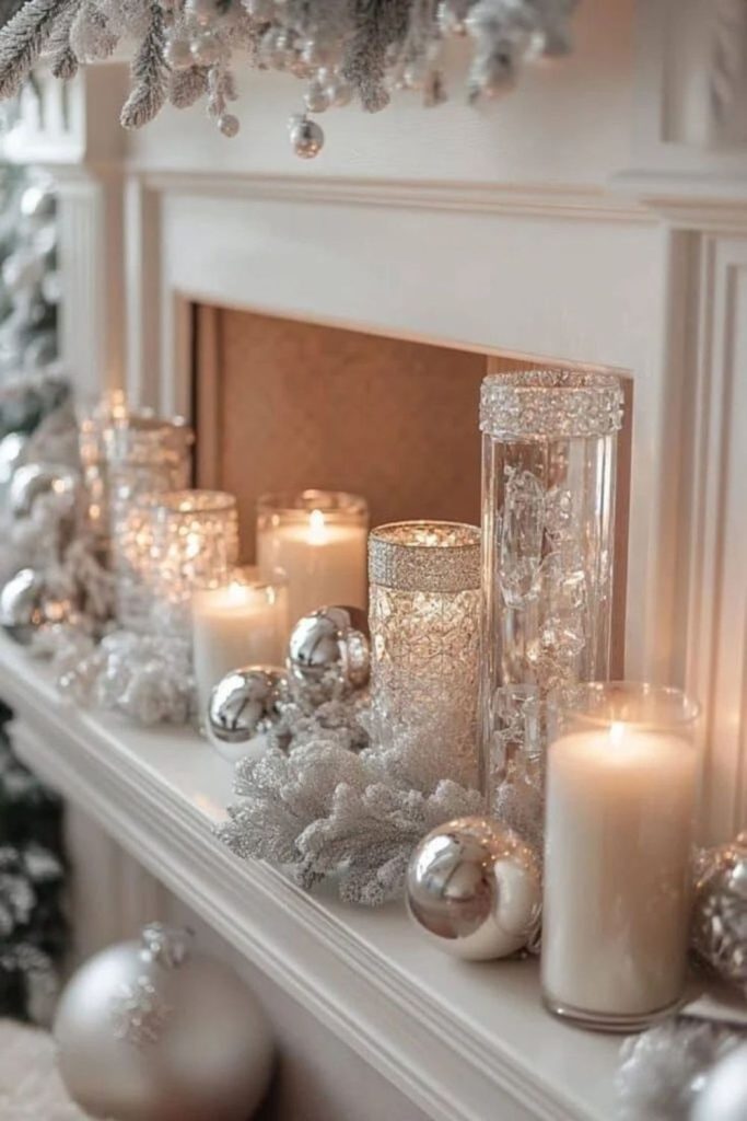Frosted mantel ornaments winter sparkle.