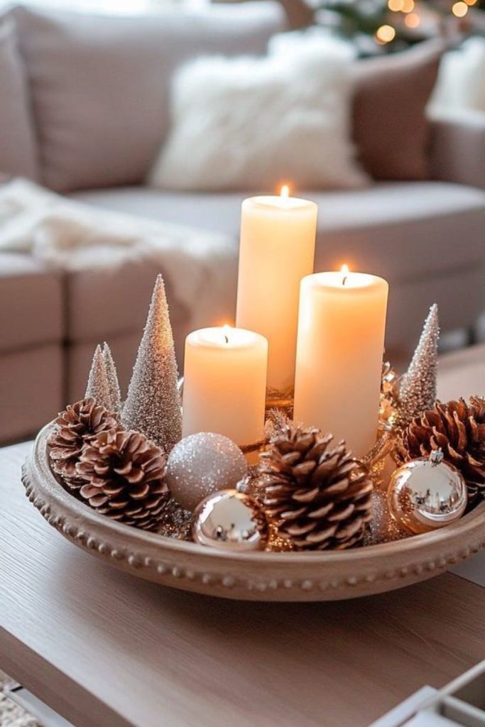 Sparkling pinecones decorative bowl centerpiece.