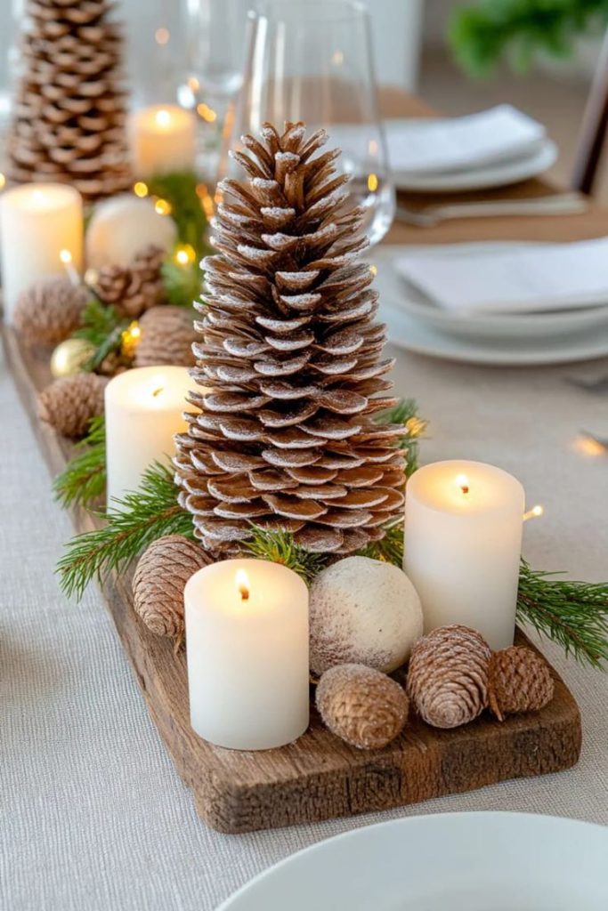 Shimmering pine centerpiece elegant winter tablescape.