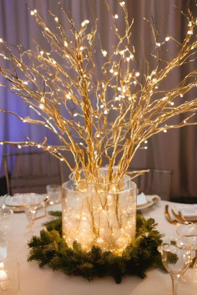 Twinkling glittered twigs with candlelight