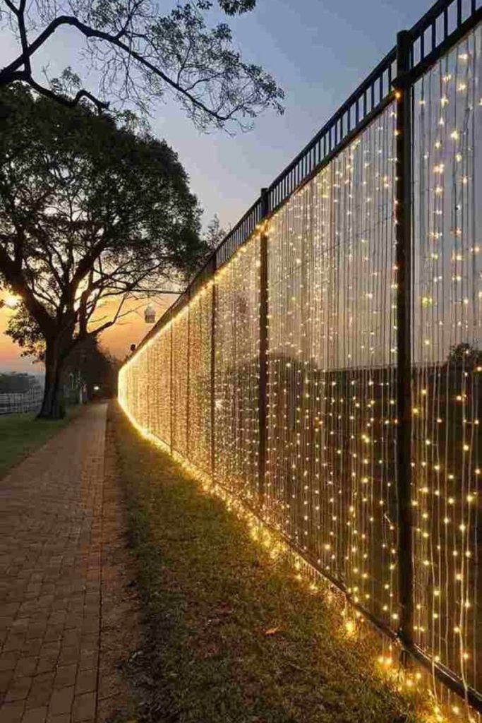 Fence draped with twinkling holiday lights