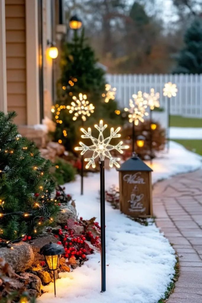 Sparkling snowflake decorations in garden