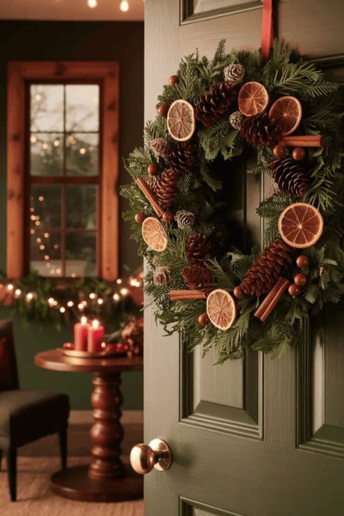 Sparkling wreaths festive winter entrance decoration.