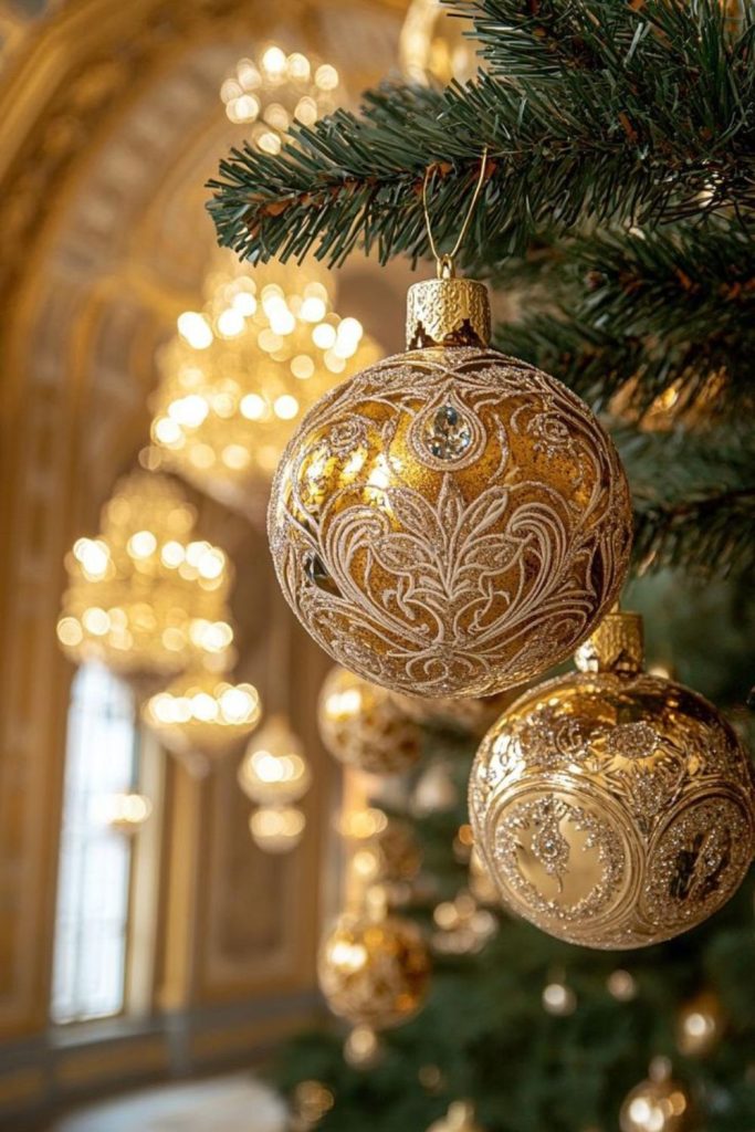 Gold filigree ornaments with rich sparkle.