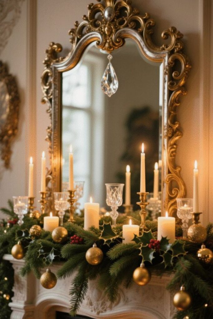 Gold framed mirror elegant mantel décor.