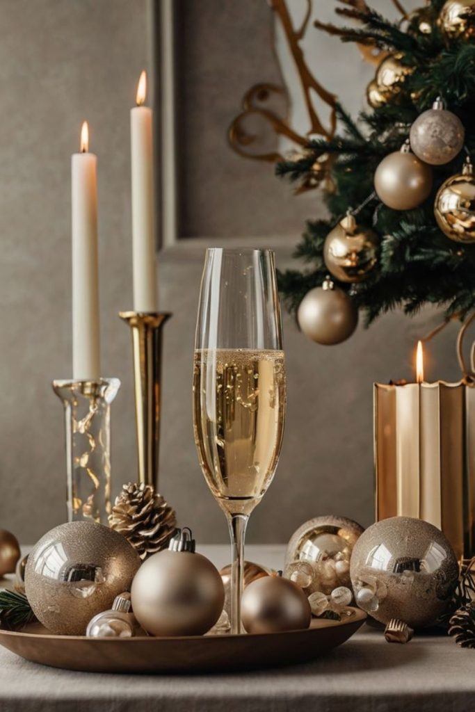 Gold rim champagne flute holiday arrangement.