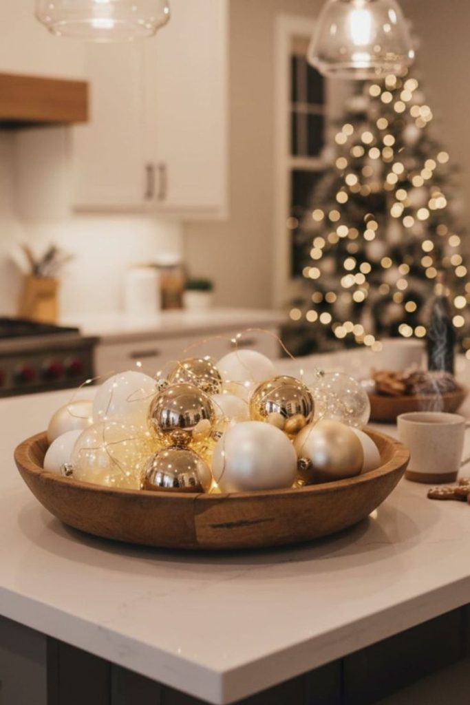 Gold-speckled glass orbs decorative bowl.