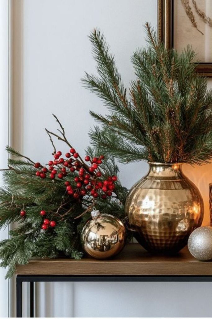 Gold-tipped evergreen branch tall vase display.