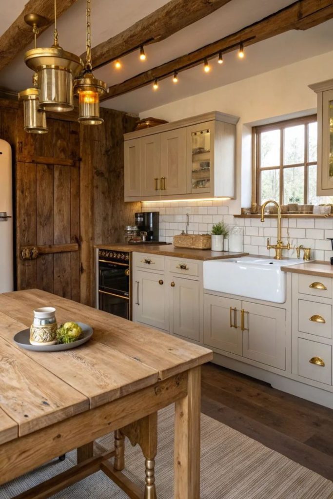 Golden rustic farmhouse kitchen glow.
