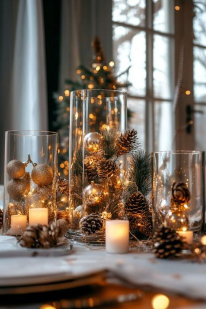 Spiraling golden pinecones with scattered ribbons