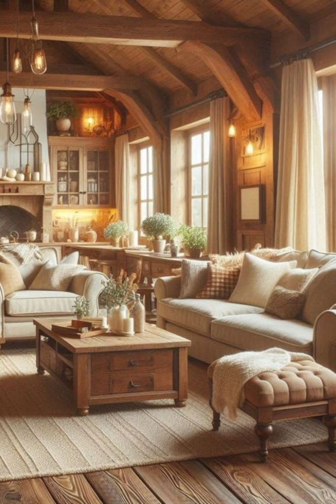 Sunlit rustic farmhouse living space