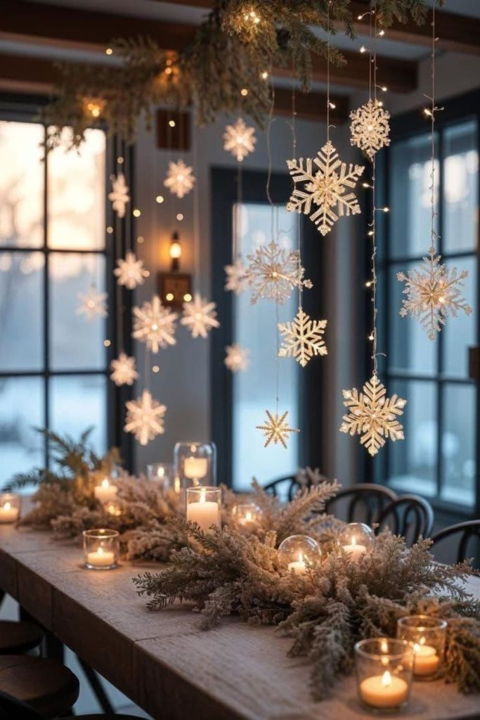 Golden snowflakes hanging over frosted twigs