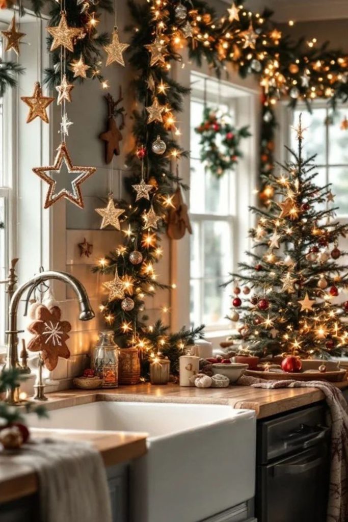 Golden star garland kitchen accent.