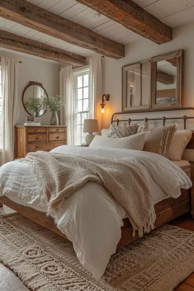 Grain-textured bedroom serene farmhouse mood.