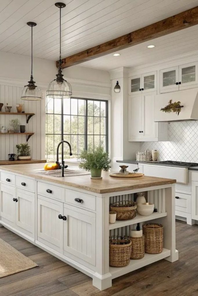 White grain farmhouse kitchen warm look.