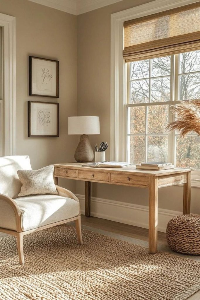 Sunlit pine grain field desk