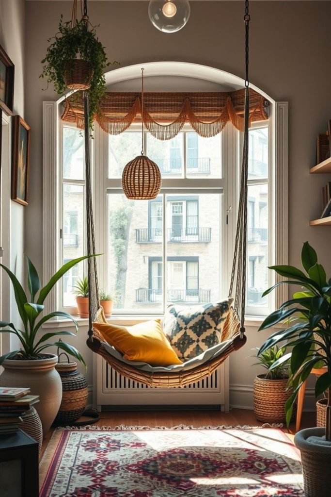 Linen hammock chair near soft rug