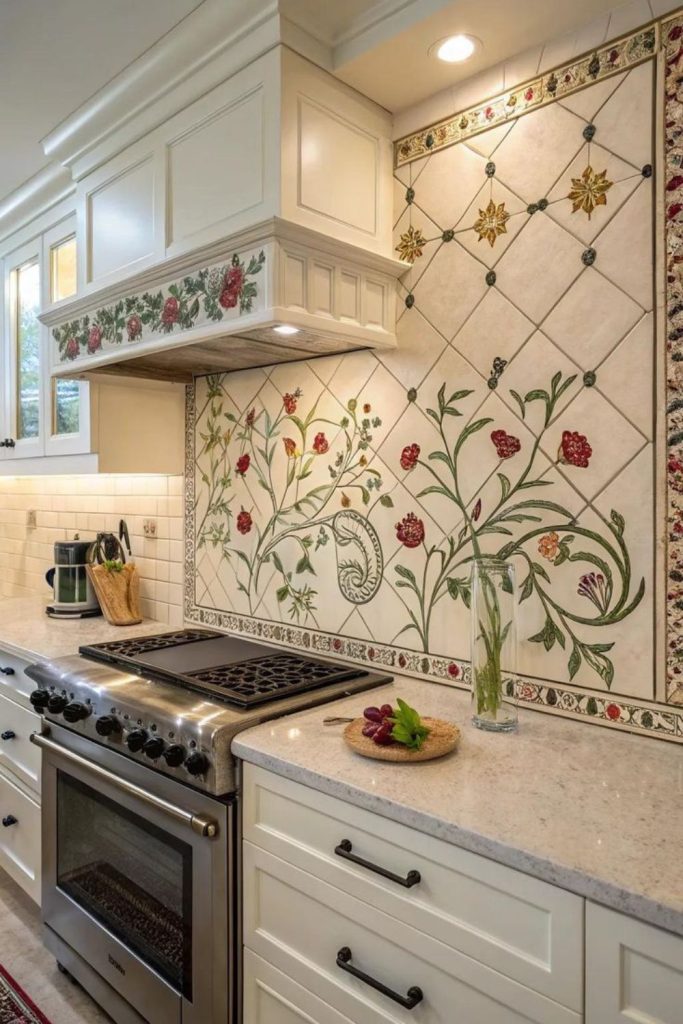 Hand-painted floral tiles artistic kitchen wall