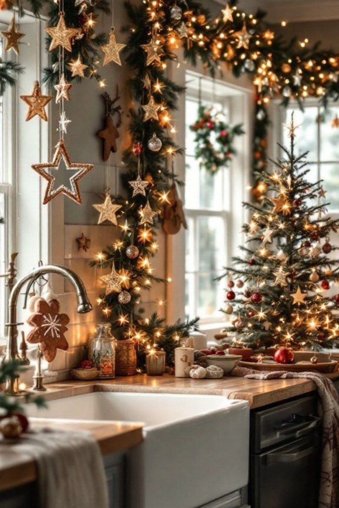 Hanging stars with ribbons and snowflakes