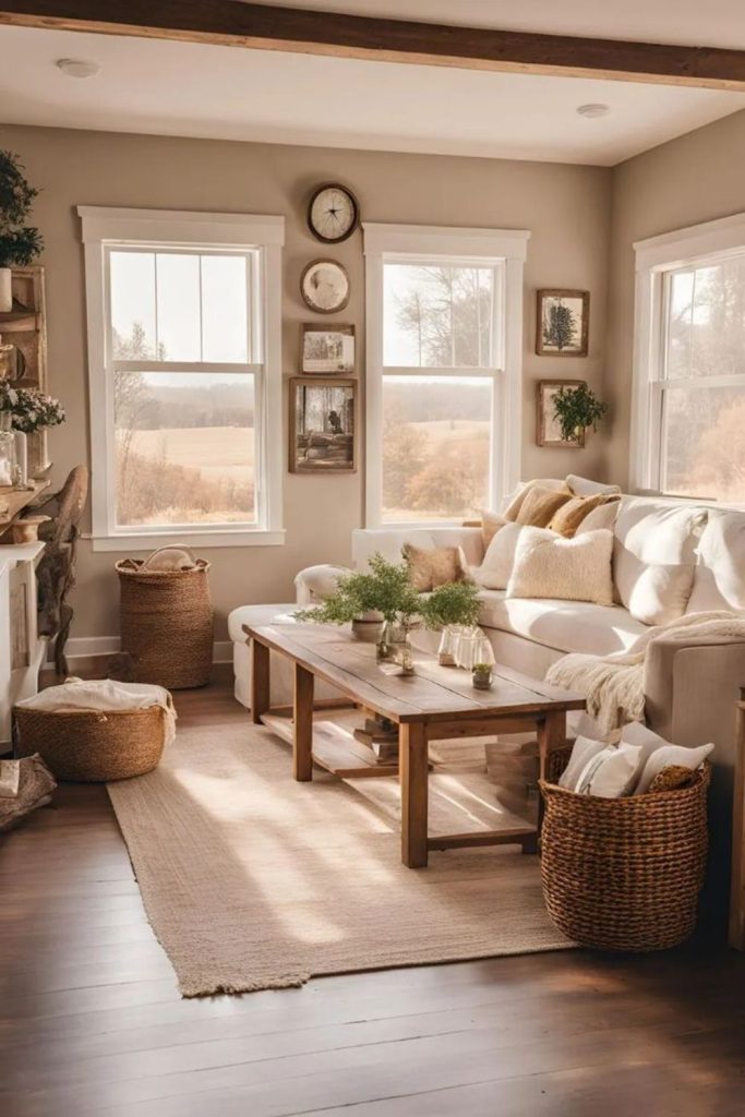 Sunlit farmhouse lounge dried florals