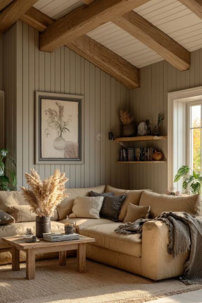 Honey-toned lounge with farmhouse comfort.