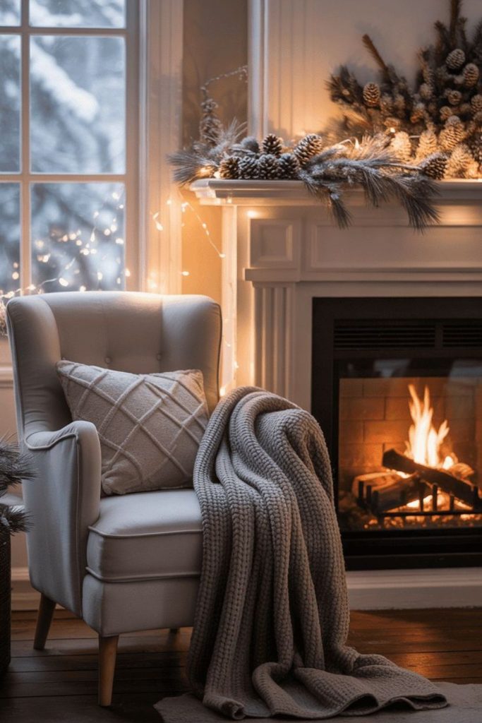 Cozy armchair by warm fireplace.