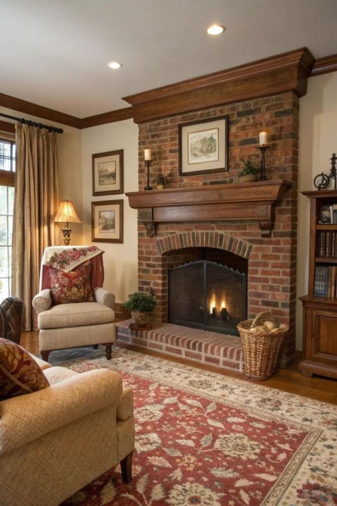 Farmstead rustic beam fireplace setting.