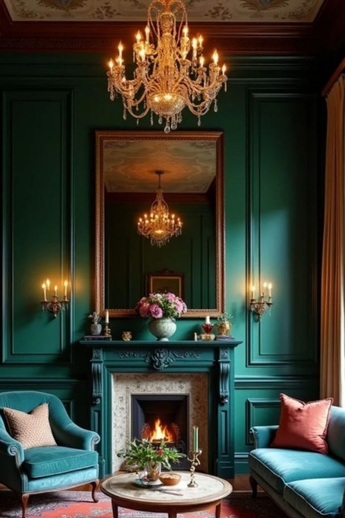 Cozy velvet living room fireplace design.