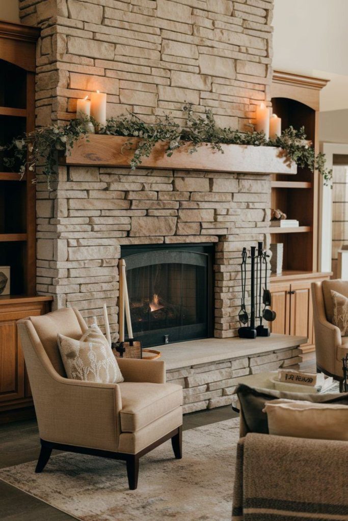 Stone fireplace warm cozy space
