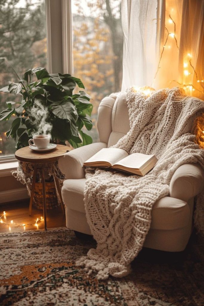 Cozy morning hearthside room.