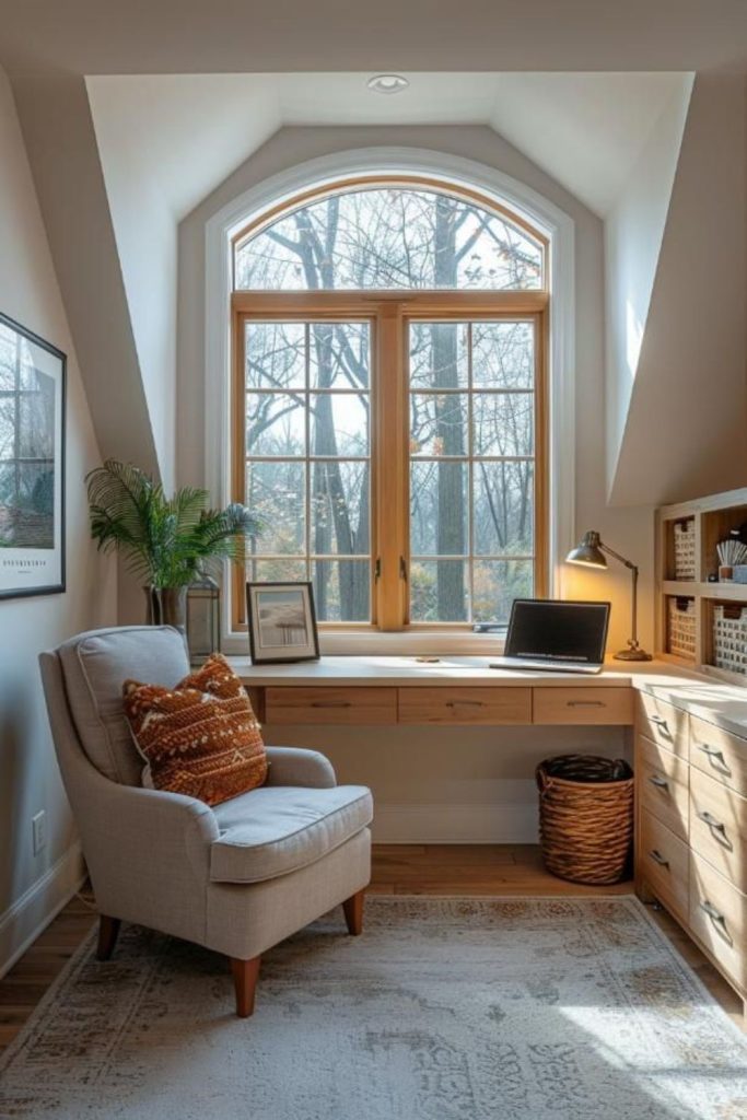 Cozy rustic lamp lit desk nook