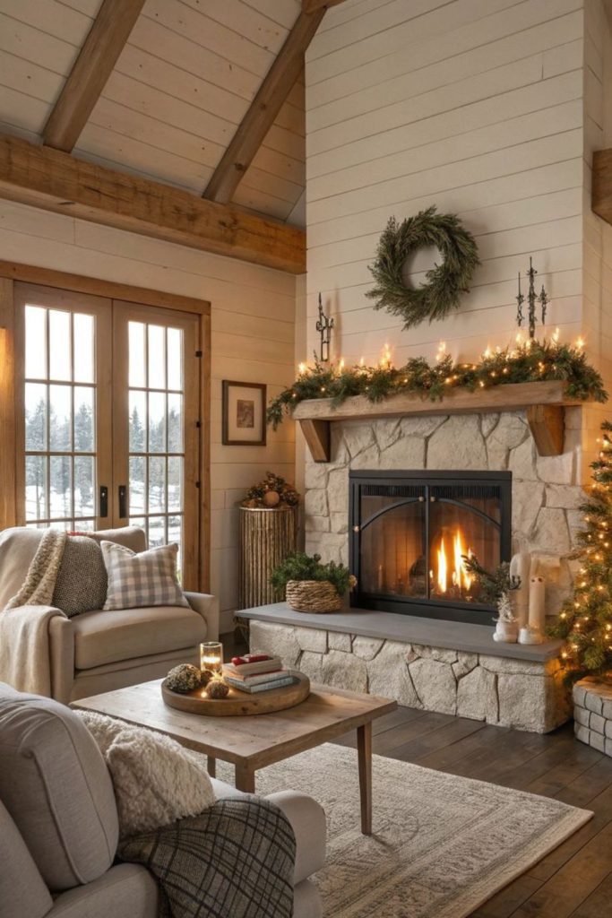 Stone fireplace rustic cozy seating
