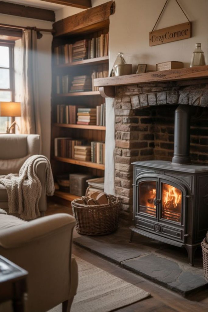 Cozy stone fireplace farmhouse interior