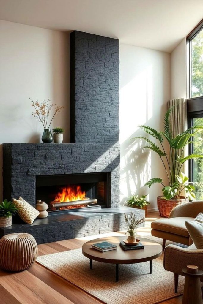 Dark modern living room fireplace.