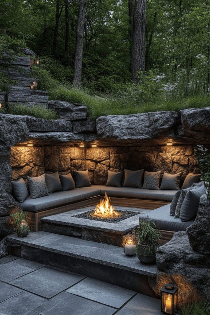 Secluded stone fire pit corner