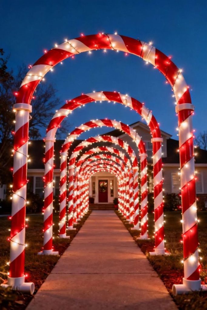 Candy-themed archway with lights along path