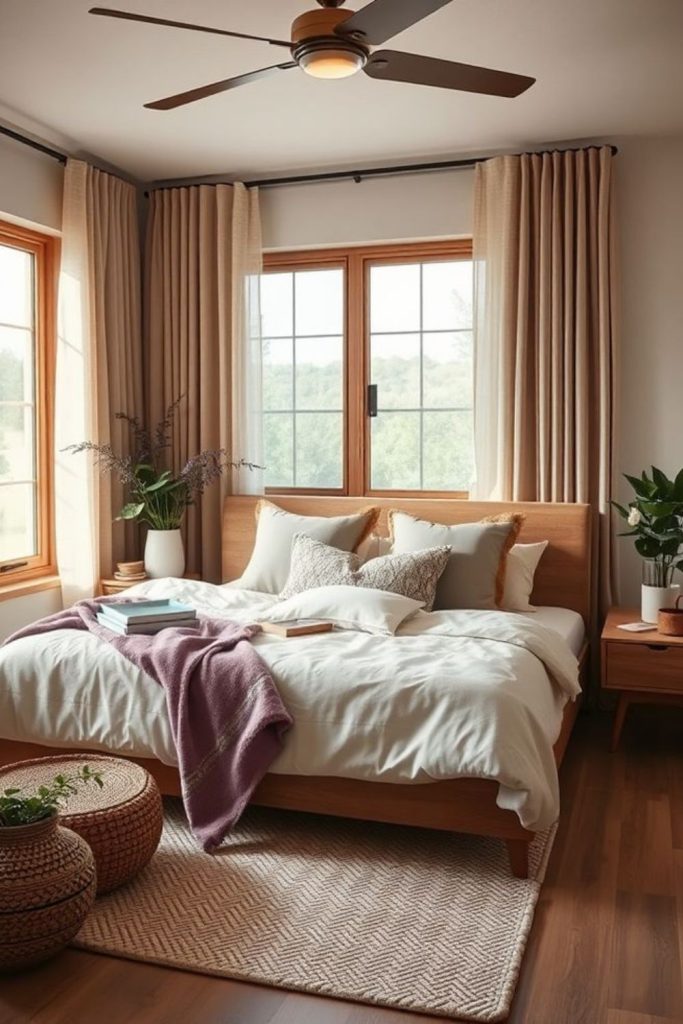 Honey oak bedroom warm ambiance.