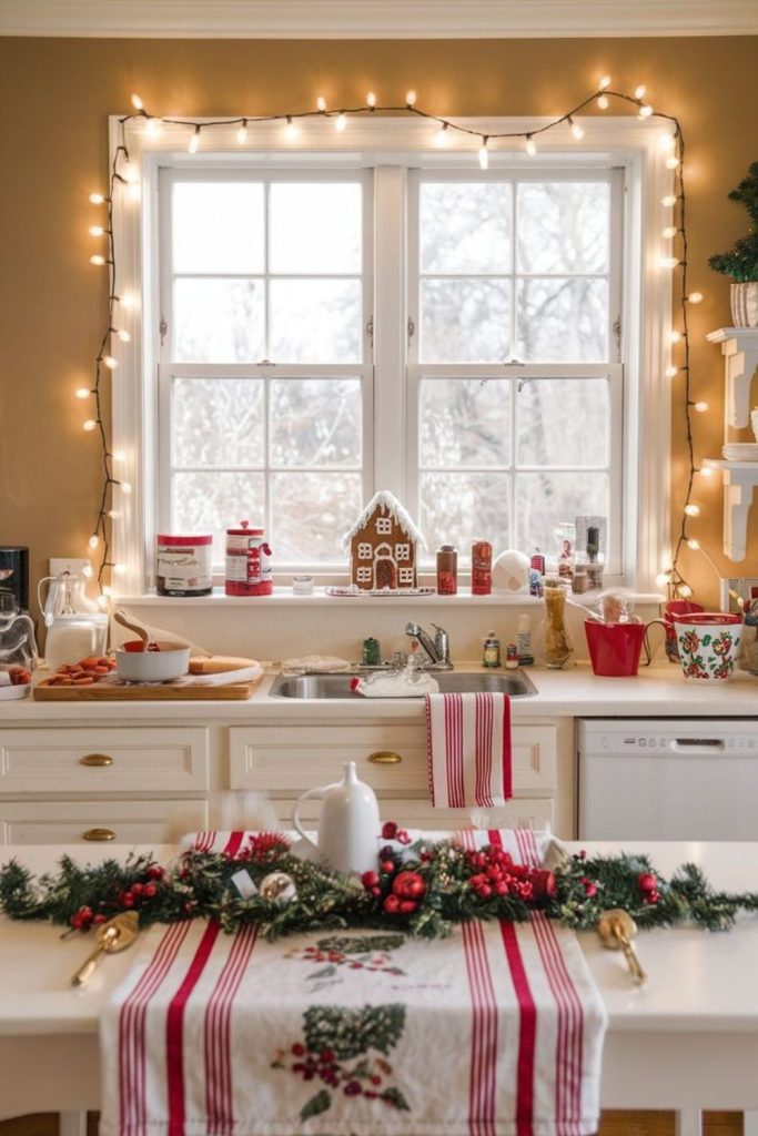 Frosted berry garland winter kitchen.