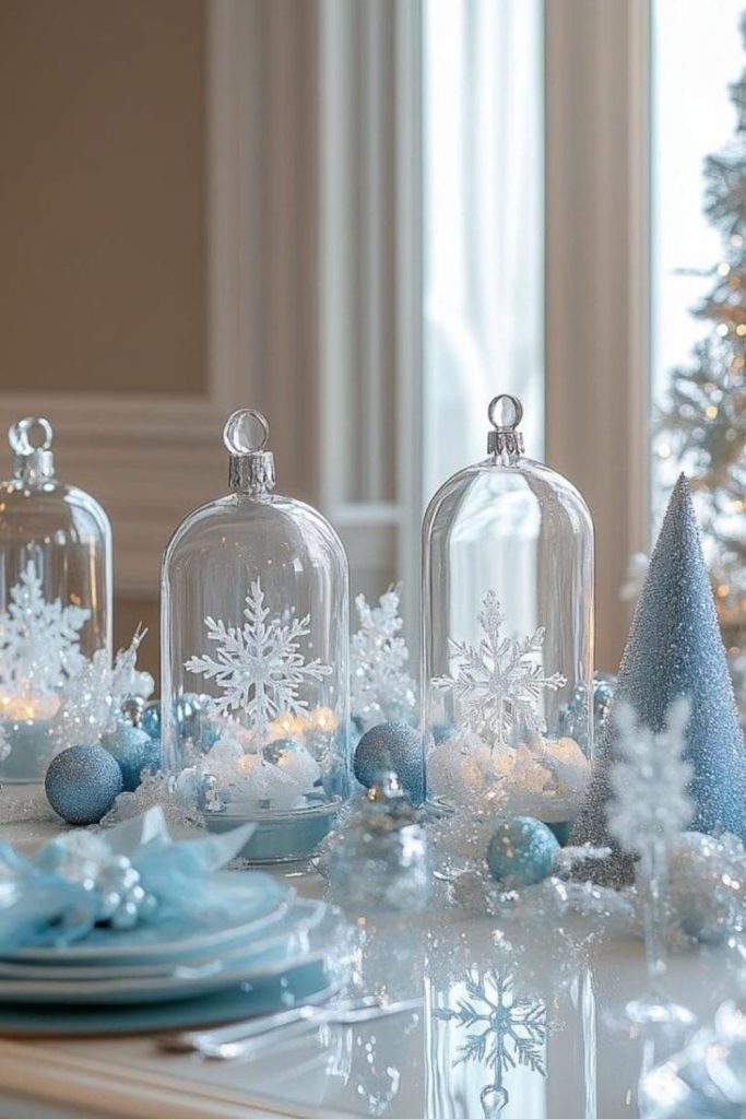 Crystal droplet display under glass dome