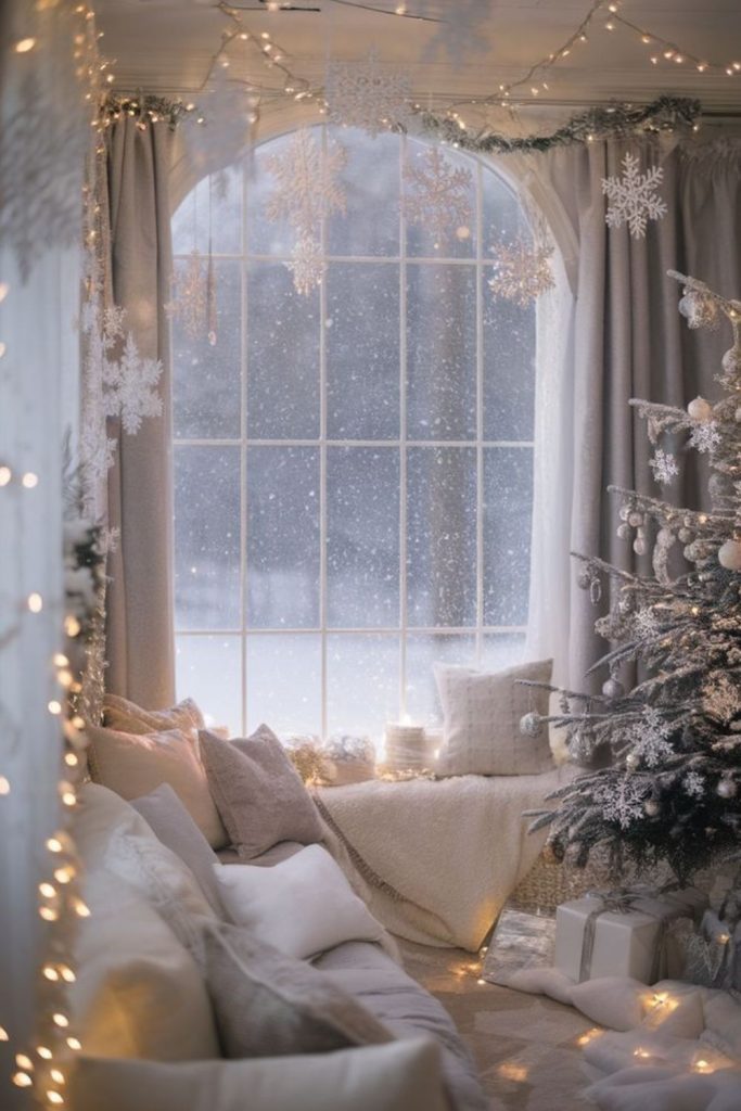 Frosted garland framing window decor.