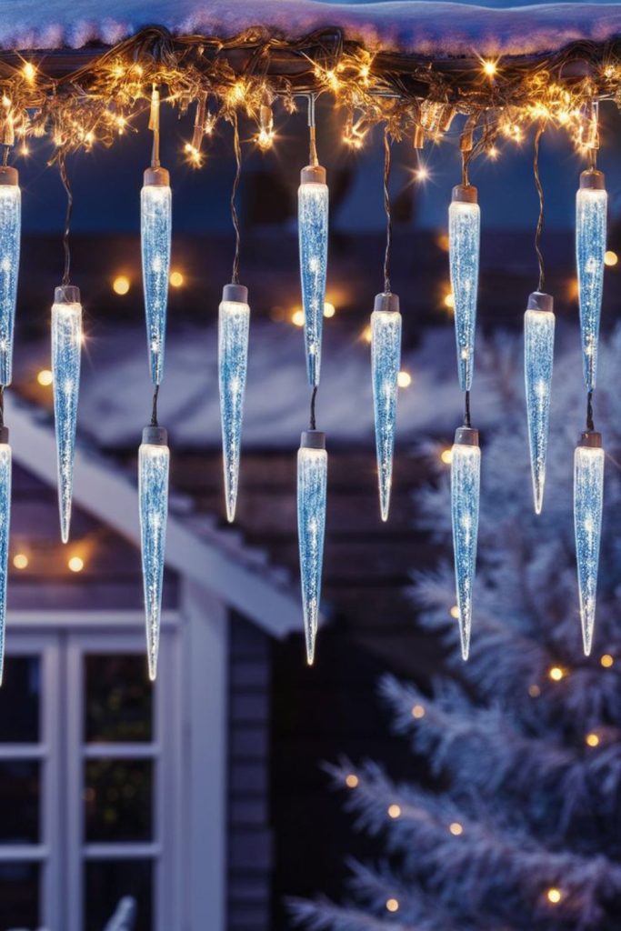 Hanging LED icicles over garden edges