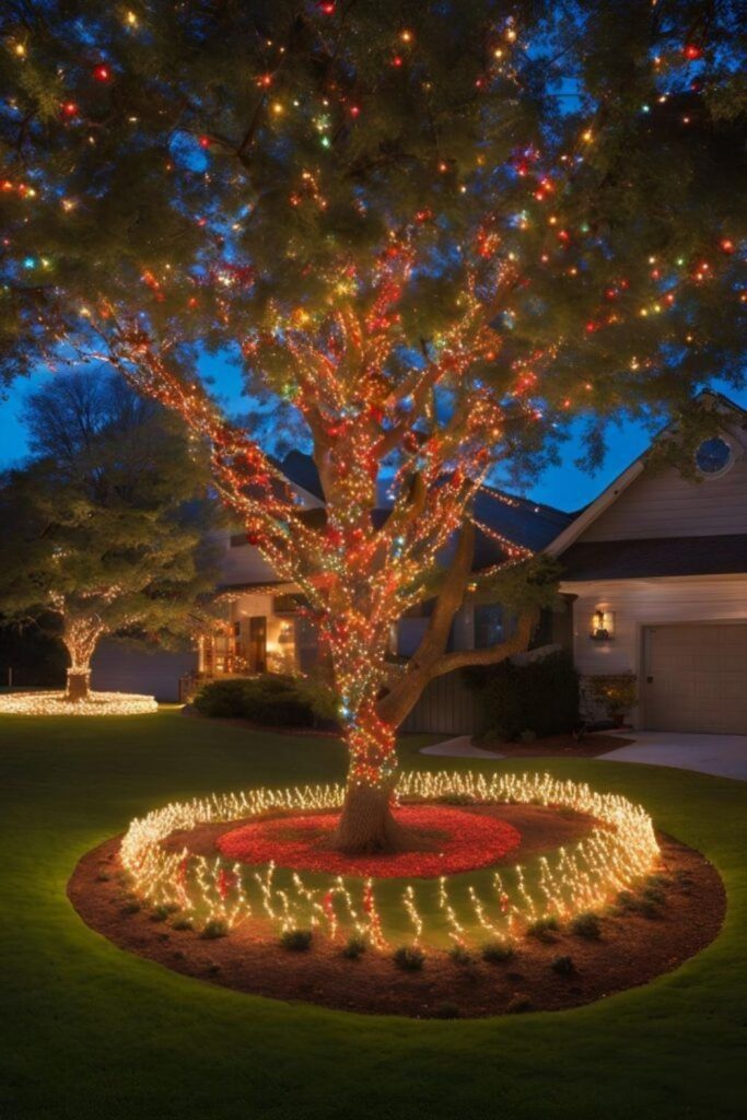 Glowing rings around tree trunks outdoors