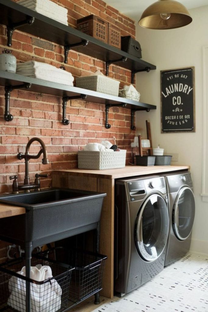Boho industrial eclectic basement laundry.