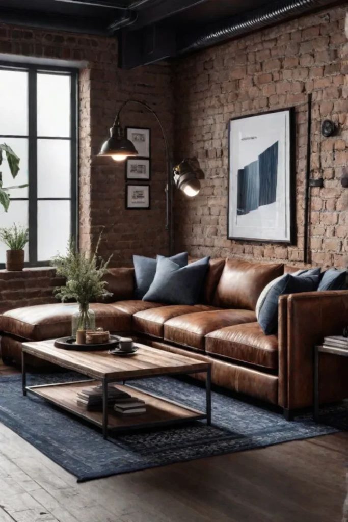 Rugged industrial brown leather sitting area