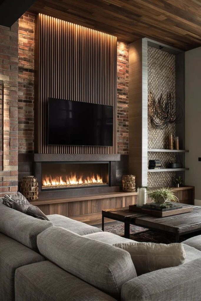 Industrial concrete fireplace with hanging TV