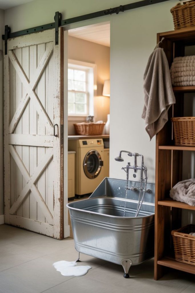 Modern steel laundry with exposed pipes.