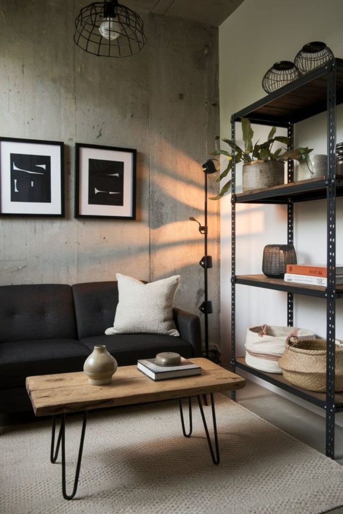 Industrial metal accents define small room.