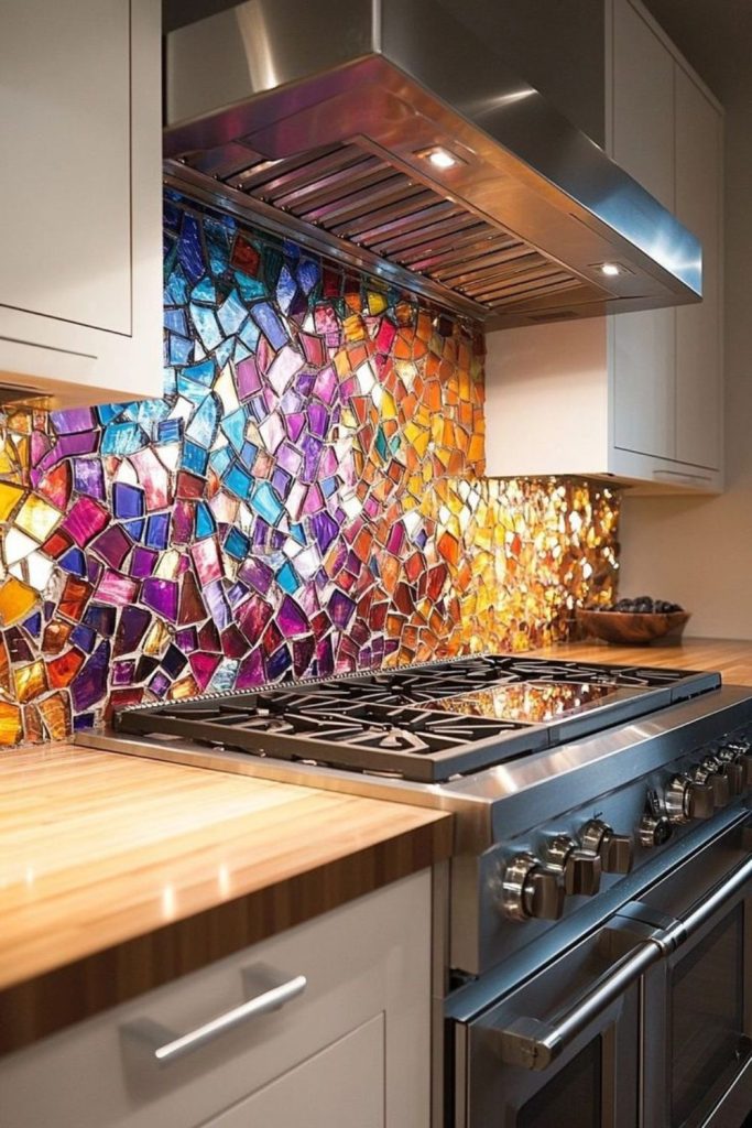 Shimmering glass mosaic with rainbow reflections