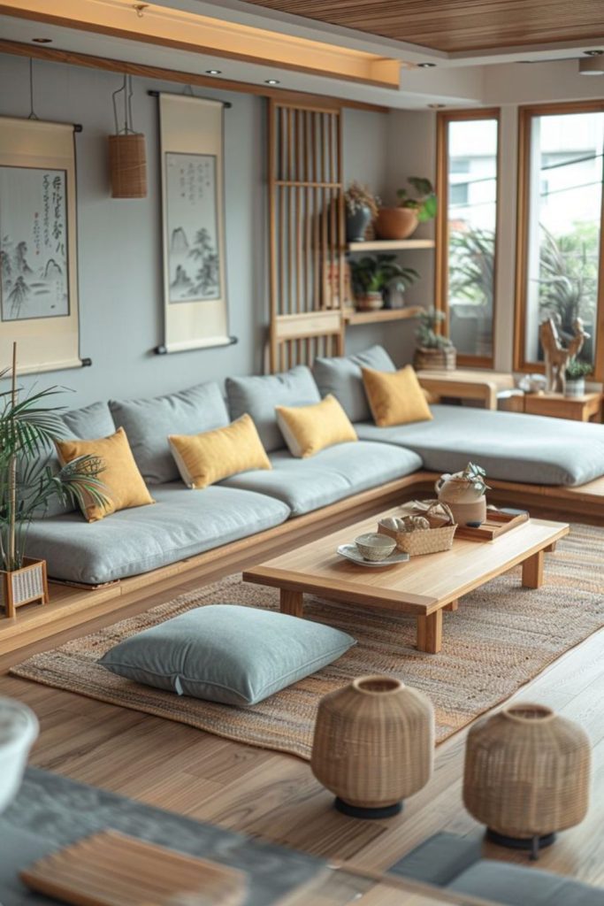 Low tatami mats with floor cushions